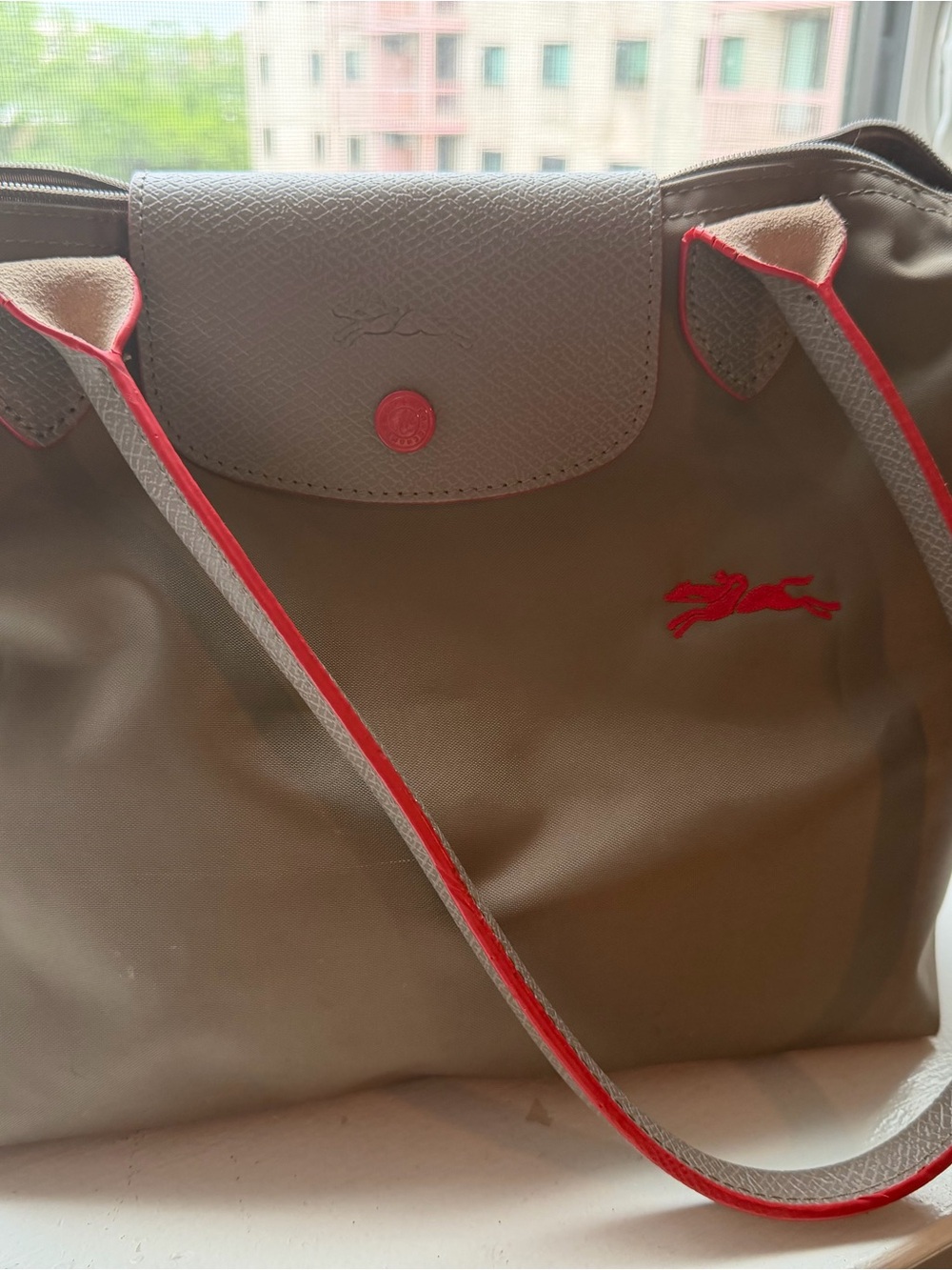 Longchamp Nylon Tote in Taupe with Red Accents